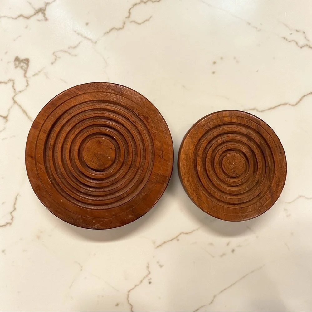 VTG Set Of 2 Hand Crafted Solid Black Walnut Wooden Round Trivets Candle Holder